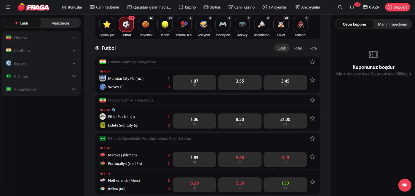 Fraga bet ilə idman mərcləri və yüksək əmsallar